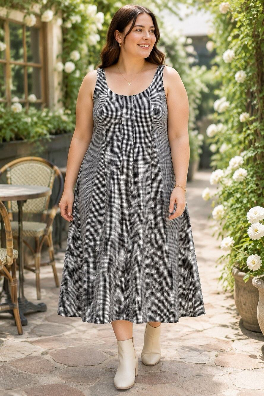A New Day Cotton Dress 16 Black White Gingham Midi Sleeveless NWT Pockets